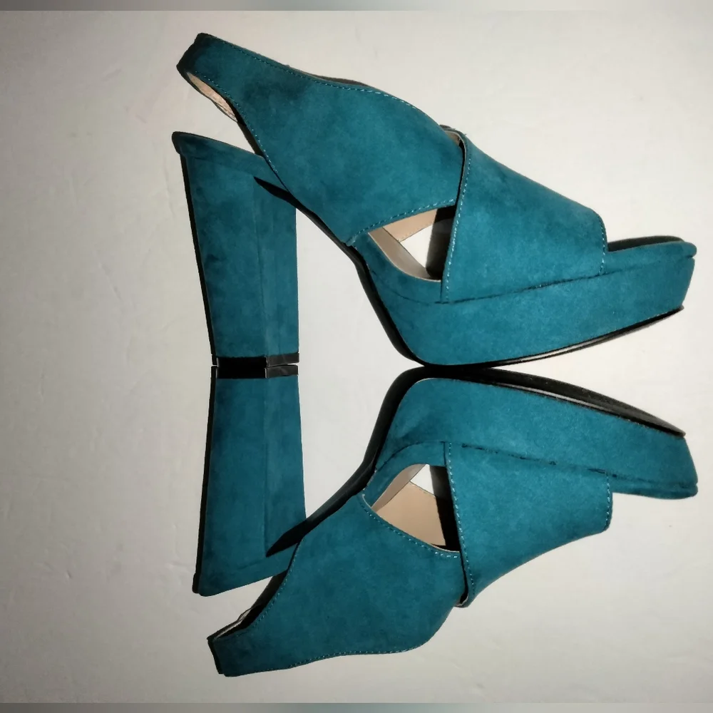 New York & Company (Sz 8) Teal Blue Open Toe Ankle Buckle Strap Platform Heels